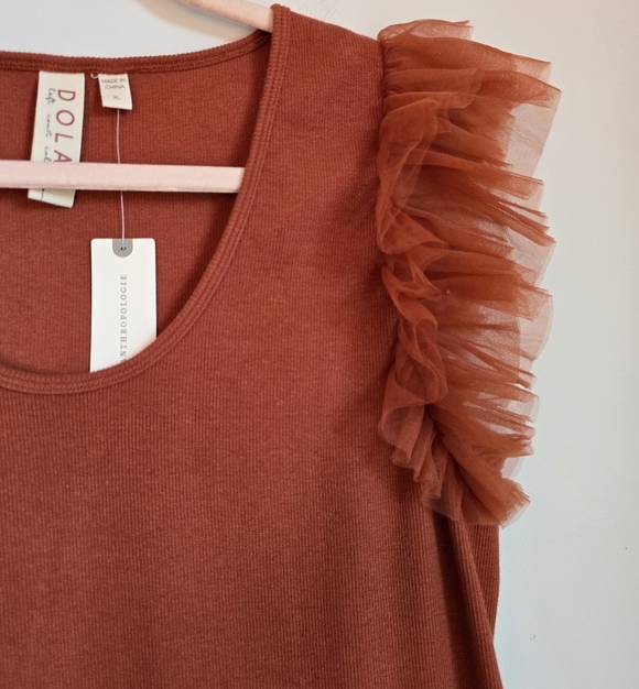 Anthropologie New Dolan Rust Tulle Sleeve Ribbed Knit Top SZ XL Balletcore Fairy - Picture 4 of 10